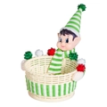 Dettaglio del cesto di caramelle elfo di Natale con cappello a righe e trama intrecciata - Cesto Testa di Elfo Verde