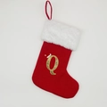 Calza di Natale in maglia rossa con bordo in peluche bianco e lettera Q dorata - Lettera Q
