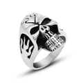 Polished stainless steel skull ring with vintage flame relief in punk rock style - Silver A (Flame Embossed Skull)