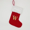 Calza di Natale in maglia rossa con lettera W glitterata dorata e mini cappello festivo - Lettera W