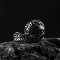 Vintage silver punk ring with detailed sculpted angel face and feather wing texture - Silver-X (Medusa Relief Style)