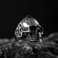 Polished silver punk skull ring for men with side cross engraving on dark rock - Silver H (Heavy Metal Style)