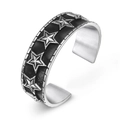 Vintage punk silver cuff bracelet with embossed stars and textured black engraving - Five-Pointed Star Retro Distressed Style (SZ040)