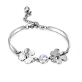 Bracciale in acciaio al titanio lucido con ciondoli a quadrifoglio e pietre di cristallo - Stile Quadrifoglio Intarsiato (Argento)