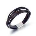 Pulsera multicapa de cuero trenzado marrón para hombre con cierre magnético de metal plateado - Marrón Oscuro Multicapa Trenzado (CE558)