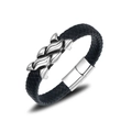 Bracciale da uomo in pelle nera intrecciata con decoro in acciaio inossidabile e chiusura - Nero