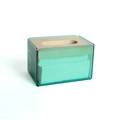 Modern light green acrylic tissue box with natural wood lid shown from a 45-degree angle - Green