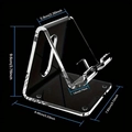 Detailed dimension drawing of transparent acrylic phone stand with 9.6cm height - Clear