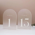 Close-up of frosted arched acrylic wedding table numbers with elegant white printing - White No. 1-15