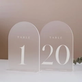 Macro shot of frosted arch acrylic table numbers with white printing and base - White No. 1-20