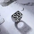 Men's titanium steel signet ring featuring a rectangular SO letter relief design - US 7 / SO (Silver)
