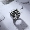 Men's rectangular stainless steel signet ring with SN letter engraving in silver finish - US 7 / SN (Silver)