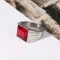 Modern titanium steel men's ring featuring a square red gemstone and striped side grooves - US 7 / Red