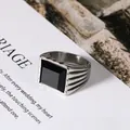 Men's hip-hop square black gemstone ring in polished stainless steel at a 45-degree angle - US 7 / Black