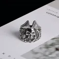 Vintage steel skull ring with horns and pirate hat design for men on white background - US Size 7
