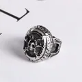 Vintage punk skull ring in silver stainless steel with embossed shield and hammer texture - US Size 7