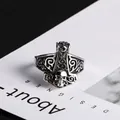 Gothic punk titanium steel skull ring with Mjölnir design and vintage black finish - US Size 7