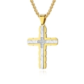 Collier croix en acier bicolore avec texture martelée et pierre en oxyde de zirconium - Pendentif Doré Avec Chaîne Box Dorée / Couleur Acier Or (Avec Chaîne Box Perle)