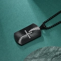 Black sunburst stainless steel dog tag necklace with a crystal cross inlay - Black