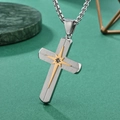 Zilveren geborsteld roestvrijstalen kruisketting met gouden ster en zirkoon detail - Stalen Hanger Met Stalen Parelketting