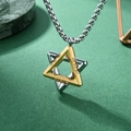 Collier hexagramme bicolore avec triangle doré orné de cristaux et chaîne argentée - Pendentif doré avec chaîne à perles en acier