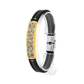 Bracciale da uomo in pelle nera con piastra geometrica dorata e chiusura in acciaio - Oro