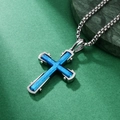 Men's two-tone stainless steel cross necklace with blue brushed inlay and box chain - Silver & Blue Pendant with Silver Box Chain