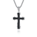 Silver cross necklace with black brushed inlay and classic ring chain for men - Single Steel & Black Pendant