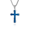 Men's cross pendant necklace featuring silver frame and textured dark blue center inlay - Silver & Blue Pendant Only