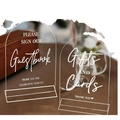 Close-up of clear arched acrylic Guestbook and Gifts and Cards signs with slot bases - Clear