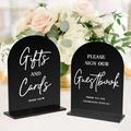 Modern black arched acrylic wedding sign set for cards and guestbook on floral background - Black