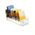 Clear acrylic 12-tier card display stand for postcards and photos on white background - Clear