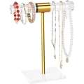 Golden stainless steel and acrylic T-bar jewelry display stand for bracelets and necklaces - Single Layer