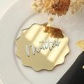Golden wave-edged acrylic mirror table card with custom 3D name for wedding decor - Wavy Gold Mirror