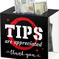 Square black acrylic tip box with white text and transparent sides for cash storage - Circle Classic