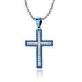Collar de cruz minimalista para hombre con baño azul y texturas onduladas plateadas - Colgante Azul con Cadena de Perlas Color Acero