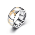 Wide silver stainless steel ring with embossed gold coconut tree pattern on white background - US 10 / Gold and Silver Palm Tree