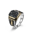 Men's vintage stainless steel ring featuring square black gemstone with gold leaf accents - US 7 / Silver and Gold Tone