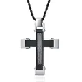 Pendentif croix en acier inoxydable industriel avec cordon noir et insert de câble - Pendentif Surface Noire avec Chaîne Torsadée Noire