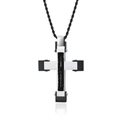 Collier croix classique en acier inoxydable argent et noir avec une chaîne corde noire - Pendentif Surface Couleur Acier avec Chaîne Torsadée Noire