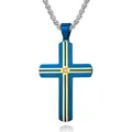 Collier avec pendentif croix en acier bleu brossé, accents dorés et pierre zircon - Pendentif Croix Bleu et Or (Pendentif Uniquement)