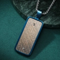 Men's rectangular stainless steel pendant with blue frame and wood texture on box chain - Blue Pendant With Steel Artificial Pearl Chain