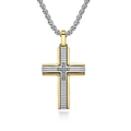 Collar de cruz bicolor para hombre en acero inoxidable con grabado de rejilla - Colgante Suelto Dorado