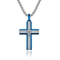 Colgante de cruz en azul y plata de acero inoxidable con rejilla y circonitas - Colgante Azul Con Cadena De Caja Plateada