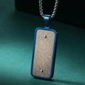 Men's rectangular vintage pendant necklace with blue brushed metal and wood texture - Blue Pendant