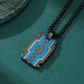 Collana industriale da uomo in acciaio al titanio con fibra di carbonio nera e ciondolo blu - Blue Color With Black Box Chain