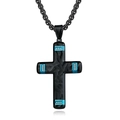 Collar de cruz de titanio negro con textura de carbono y detalles de diamantes azules - Colgante Azul con Cadena de Perlas Artificiales Negras