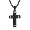Colgante de cruz bicolor en acero de titanio negro con textura de fibra de carbono - Colgante Plateado con Cadena de Perlas Artificiales Negras