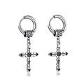 Pair of stainless steel hoop earrings with silver cross pendants and black enamel inlay - Steel
