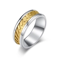 Men's two-tone silver and gold steel ring with textured tire tread center band - US 7 / Gold